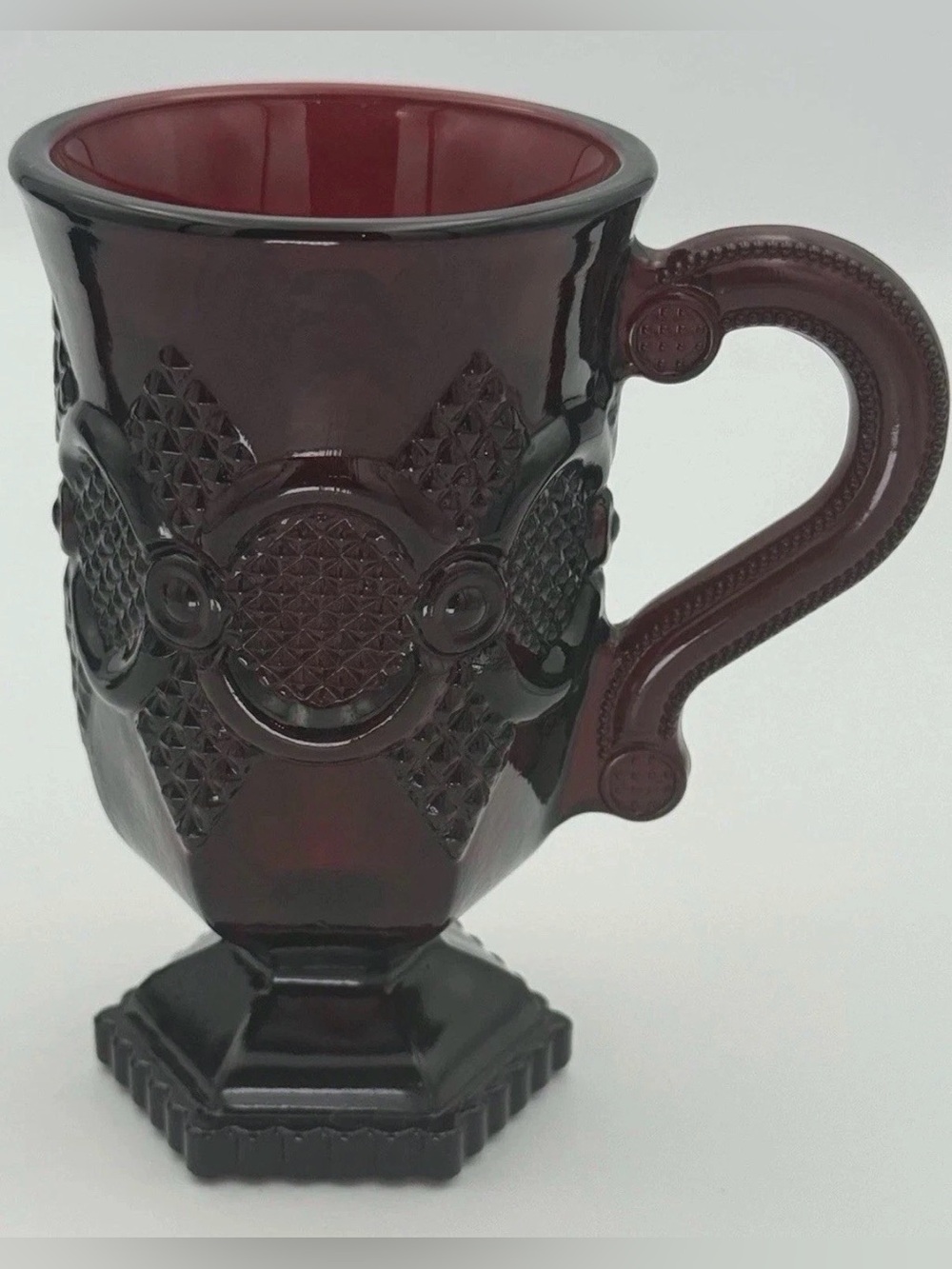 Vintage Avon 1876 Cape Cod Ruby Red Pedestal Glass Coffee Mugs Pressed Lot Of 2 - Picture 3 of 10
